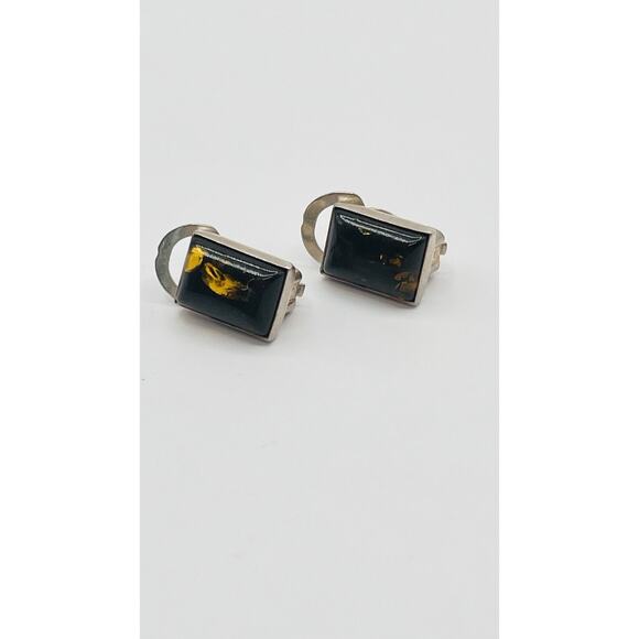 Vintage Sterling Silver 925 Omega Stud Earrings Green Spangle Baltic Amber Stone - Picture 1 of 7